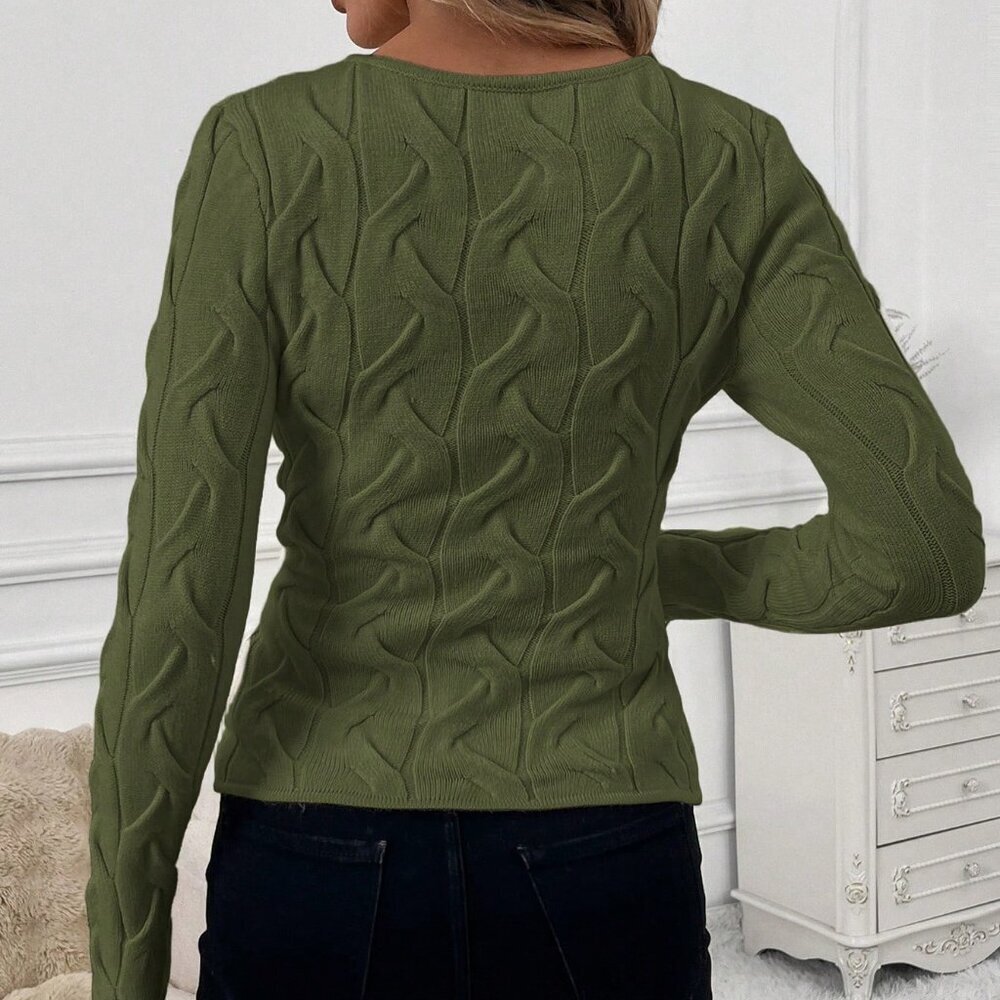 Army Green Casual Women's Crossover Cable-Tie Elegant Sweater - Picture 2 of 5